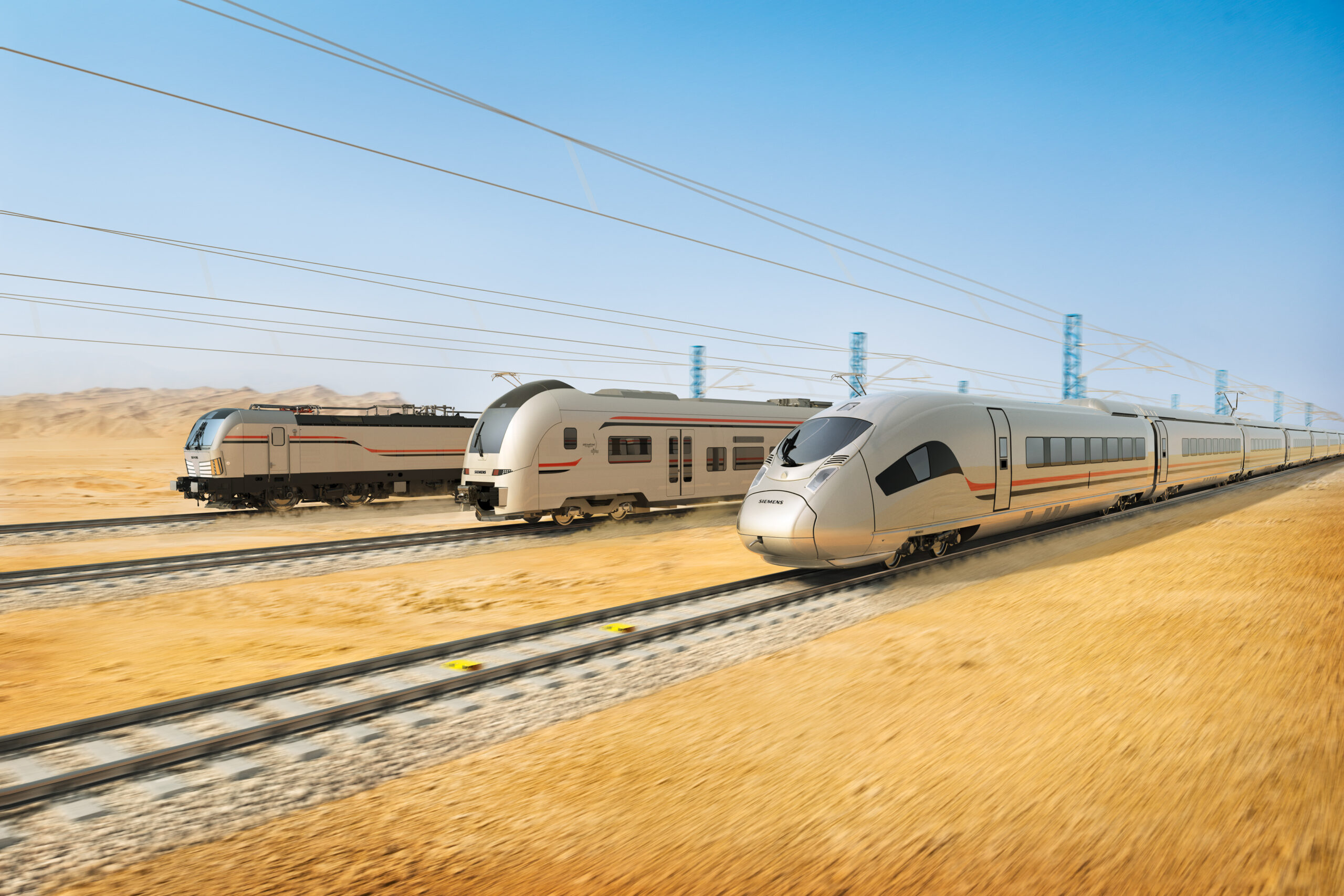 Рендер поездов Velaro и Desiro High Capacity и электровоза Vectron для первой в Египте линии ВСМ