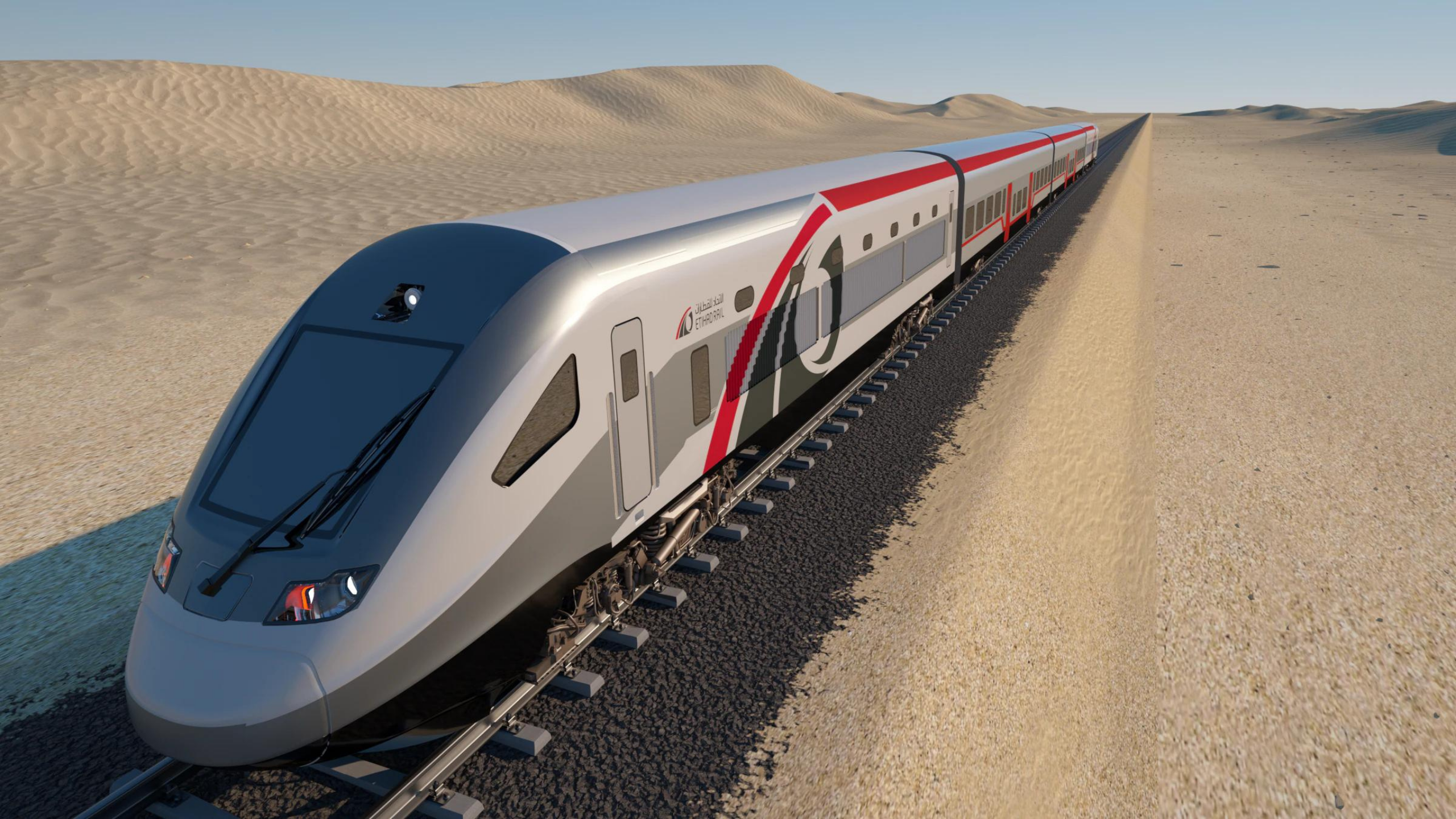 Рендер поезда, который планируется запустить линии протяженностью 145 км, соединяющей 11 крупных городов ОАЭ