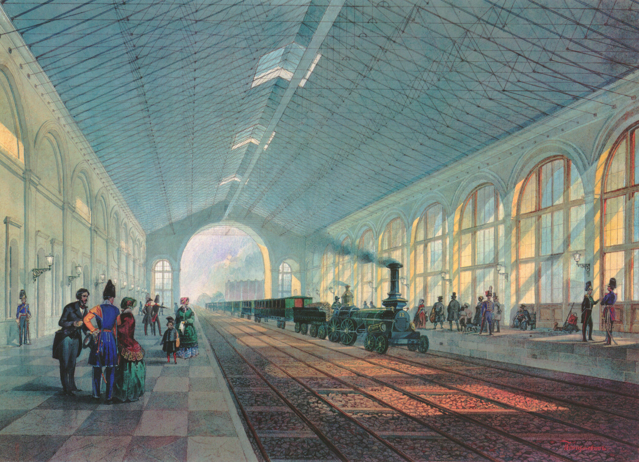 Крытый перрон (галерея) Санкт-Петербургской пассажирской станции, акварель А. Петцольта. 1851 год