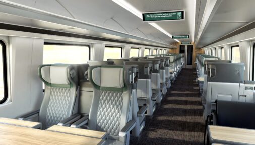 Рендер салона первого класса поезда для сервиса Amtrak Cascades.
