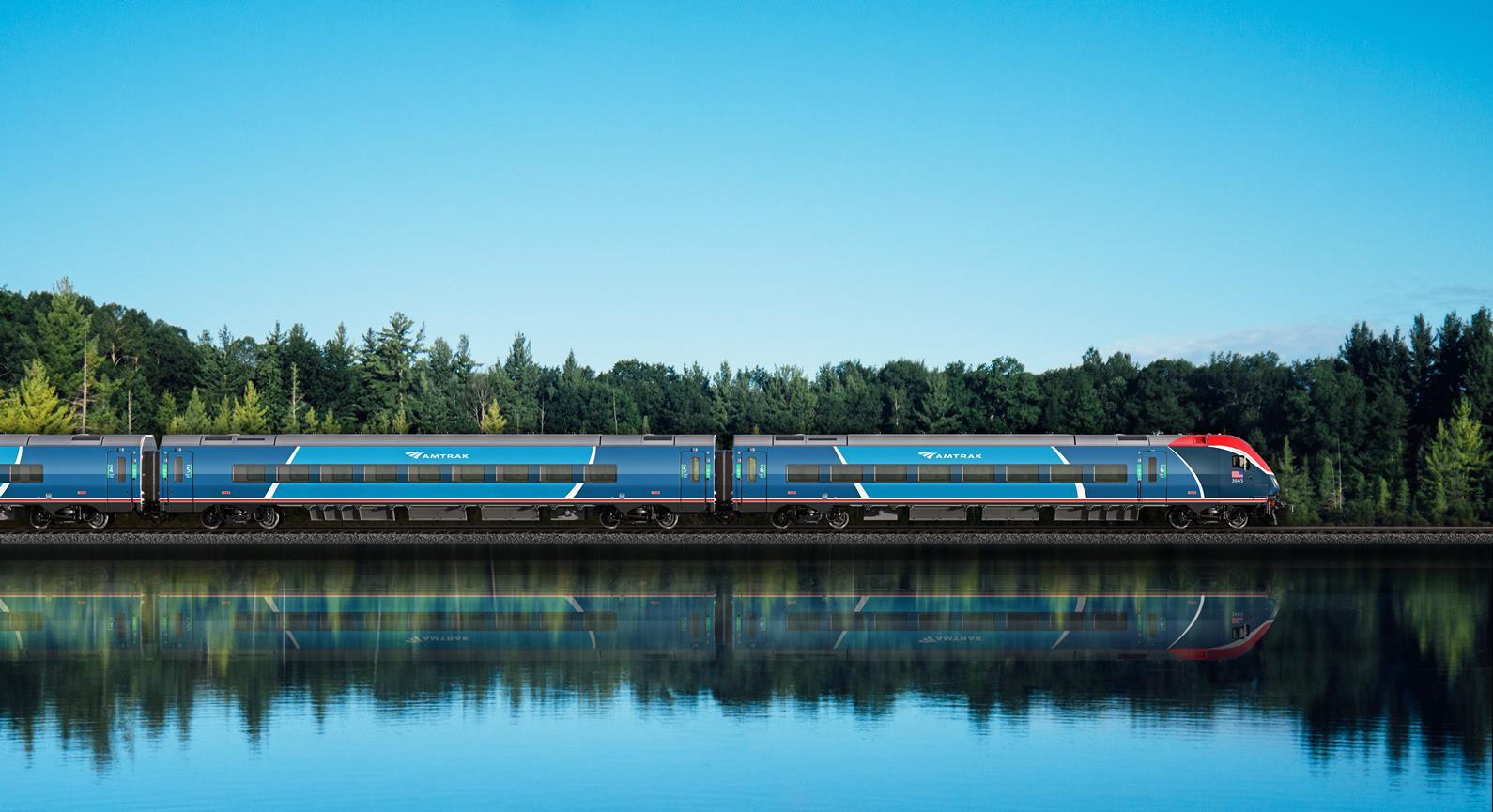 Рендер экстерьера push-pull поездов локомотивной тяги Siemens Venture для сервиса Amtrak Airo