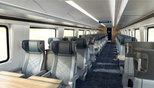 Рендер салона первого класса поезда для сервиса Amtrak Airo
