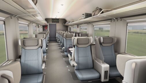Рендер сидячего вагона класса «эконом» для сервиса ночных поездов Intercity Notte