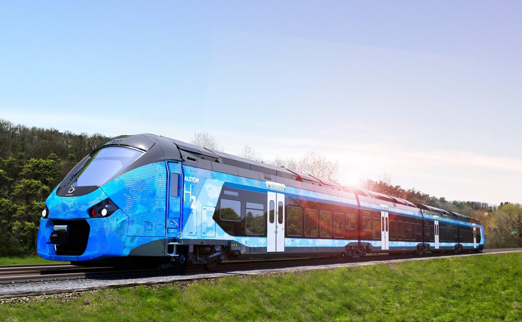 Рендер гибридного поезда Alstom с водородной тягой для регионов Франции