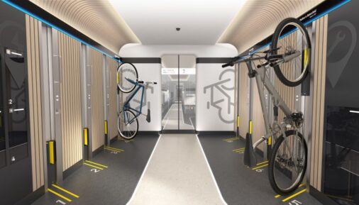 Рендер мест для велосипедов в поезде для линии ВСМ Мерсед – Бейкерсфилд